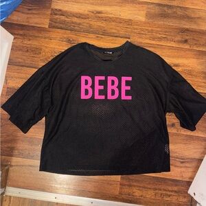 bebe Black Mesh Crop Top with Hot Pink Logo